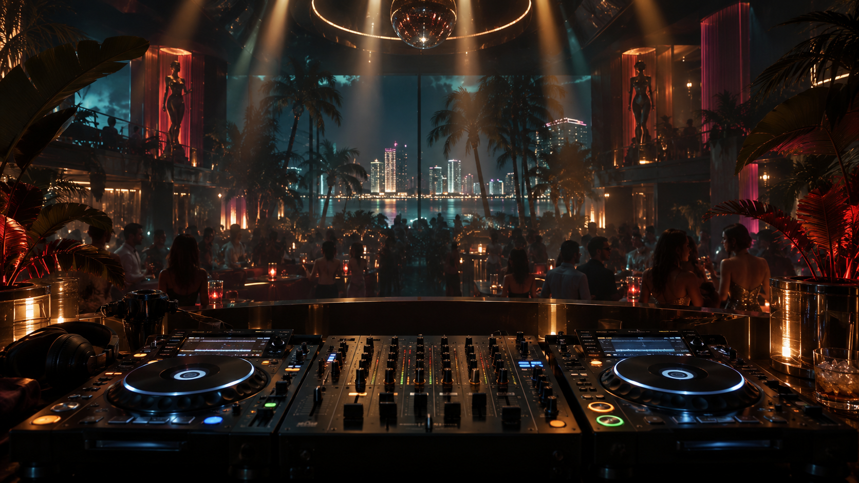 A fan-imagined nightclub with a DJ console, amber lights and the city beyond