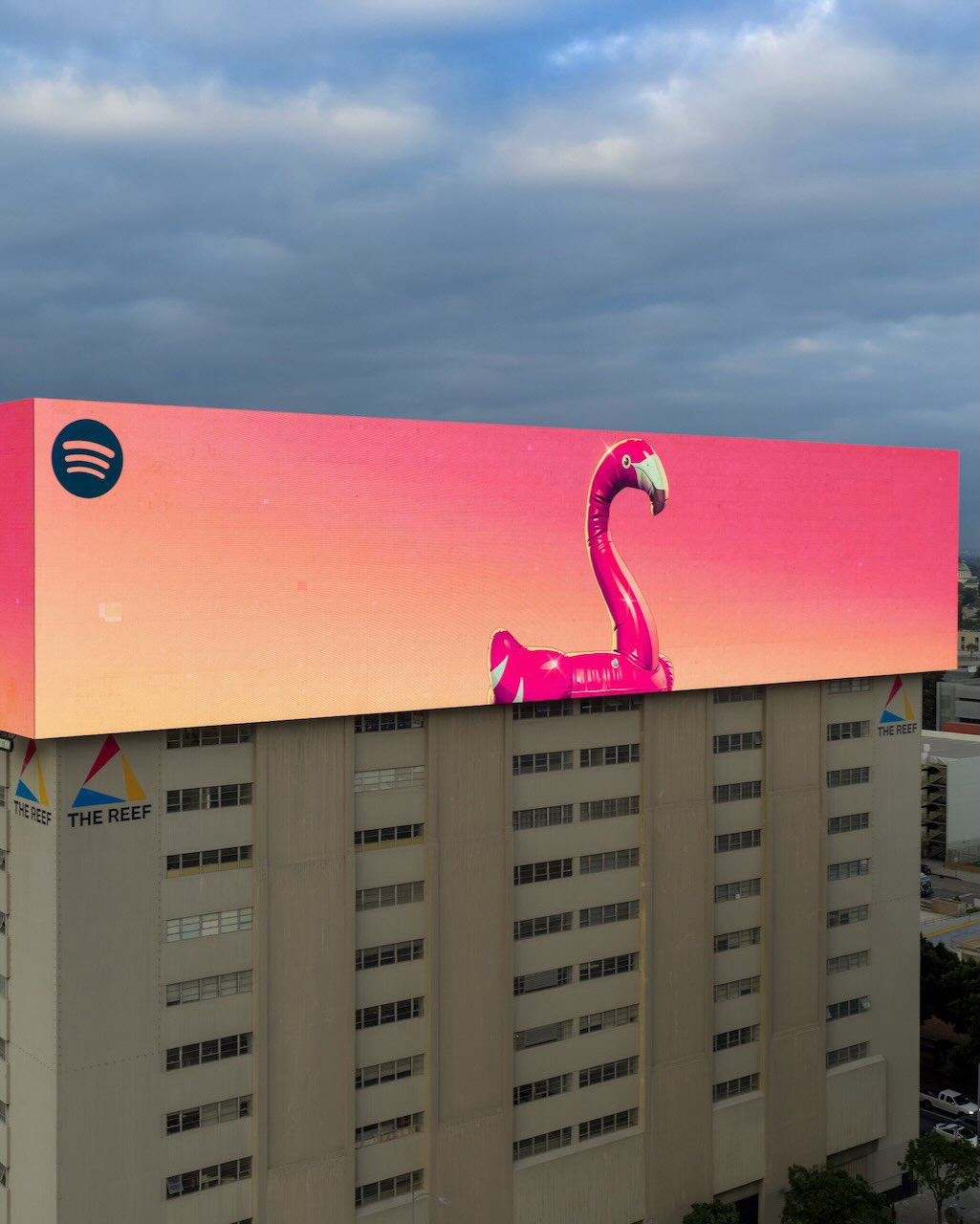 Spotify billboard featuring flamingo float artwork