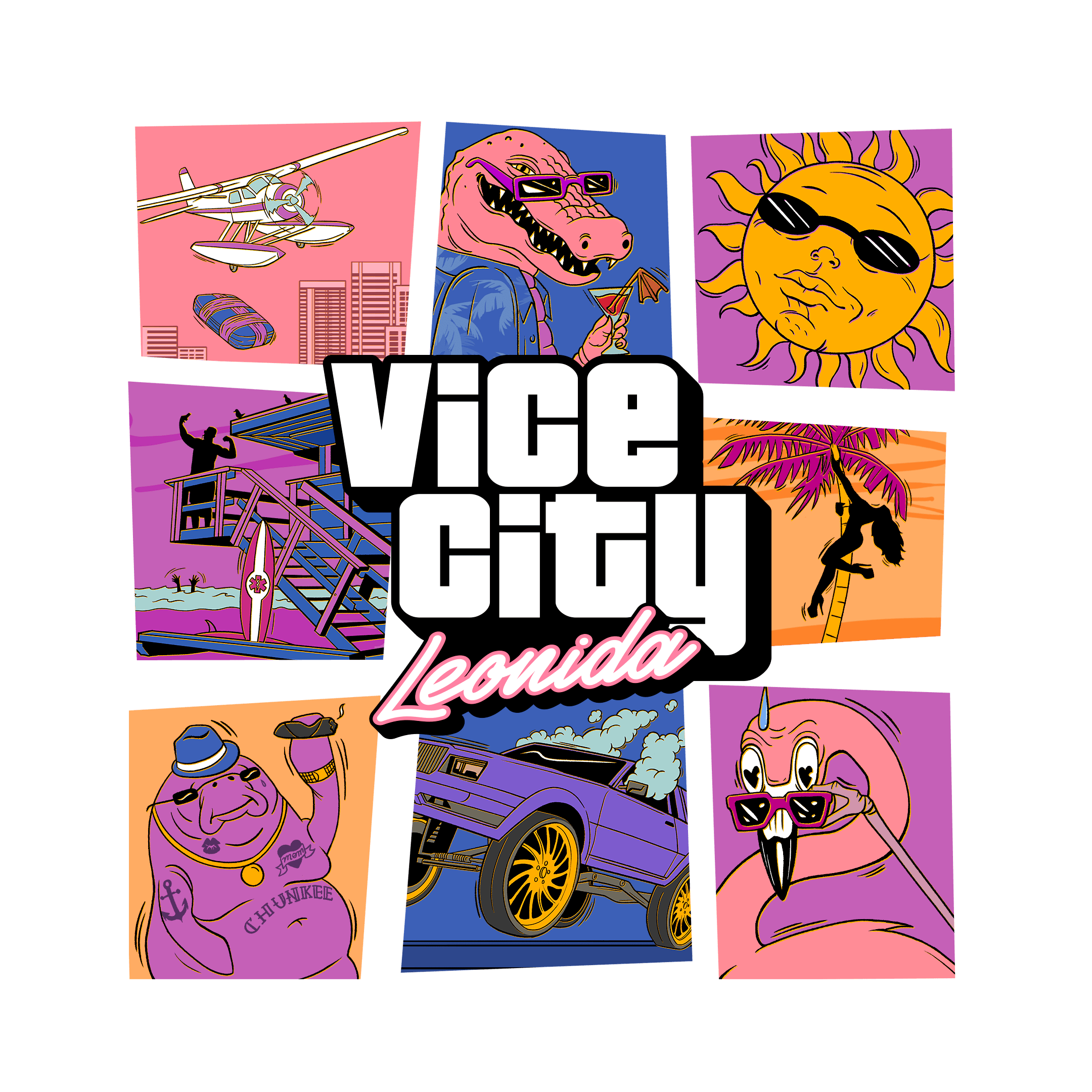 Vice City Collection — official artwork featuring illustrated Vice City scenes and Macca the Gator characters