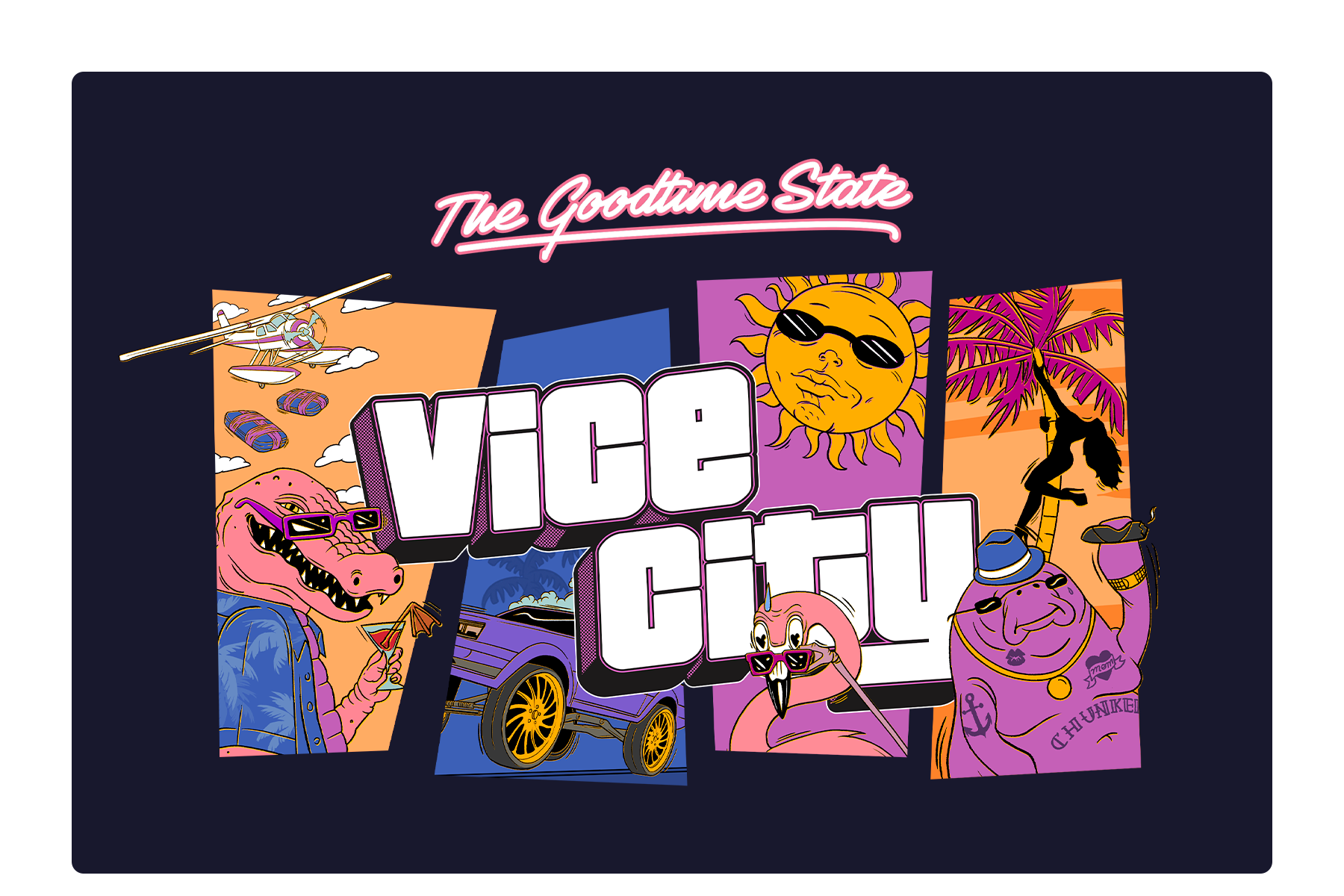 The Goodtime State — official store artwork featuring illustrated Vice City scenes and Macca the Gator characters